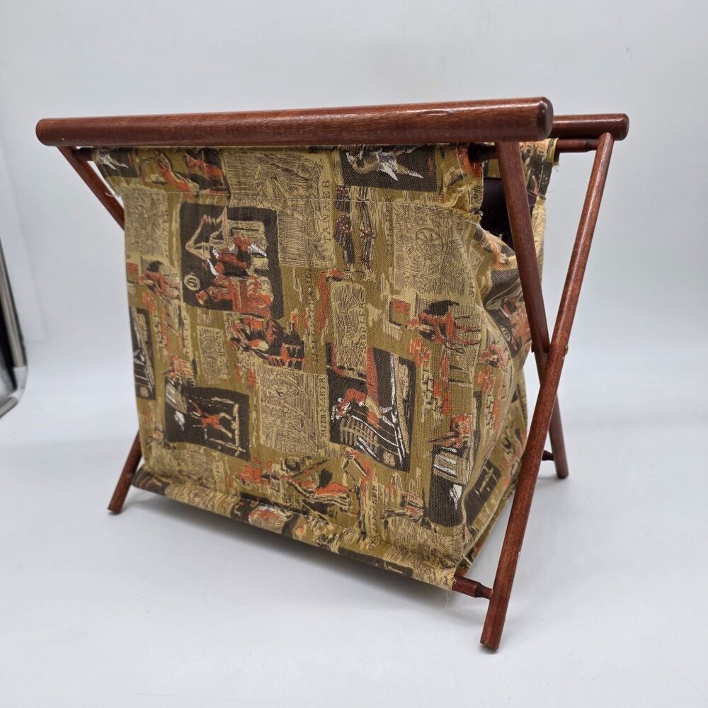 Vintage Floral Fabric Wood Folding Magazine Rack Sewing Caddy Yarn Organizer MCM